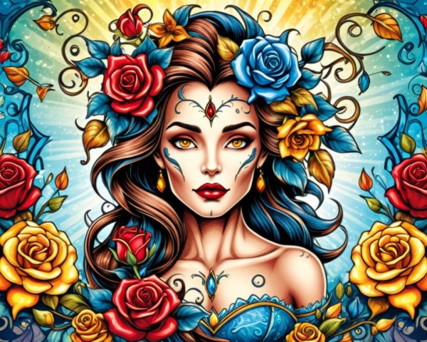 Illustration of a Woman with Floral Patterns and Roses