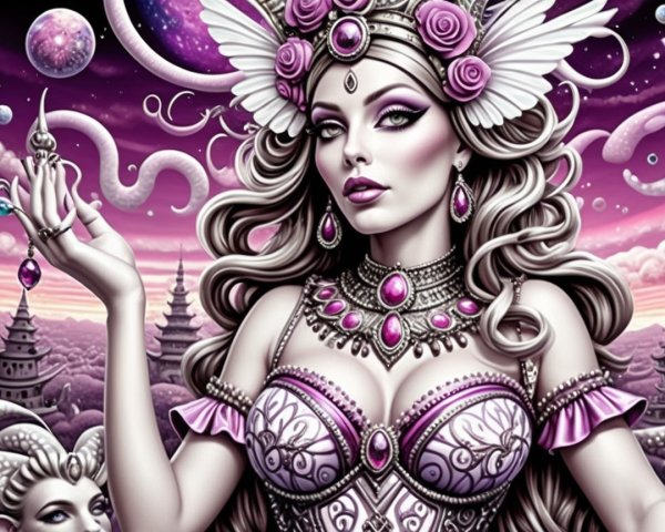 Regal woman in flowing gown and intricate jewelry