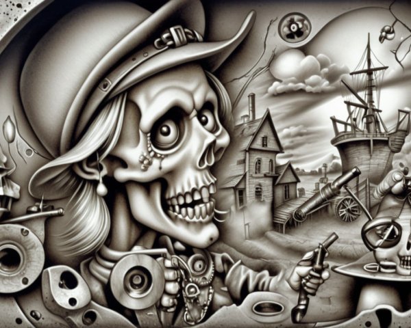 Stylized skeleton with cowboy hat and vintage watch