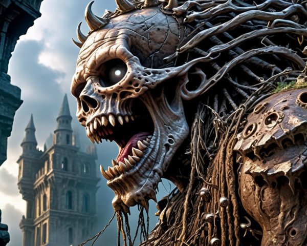 Grotesque Skeletal Figure with Mechanical Elements