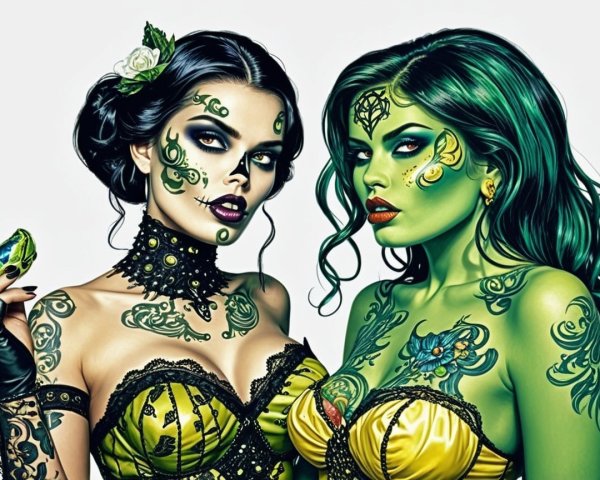 Women with Intricate Tattoos and Matching Outfits