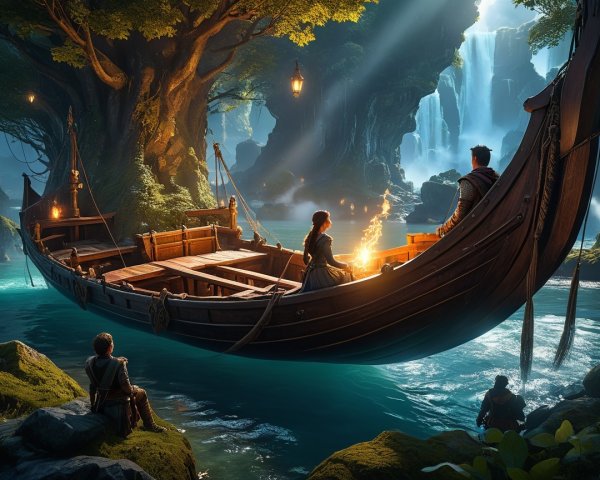 Wooden Boat in Mystical Forest with Waterfall Scene