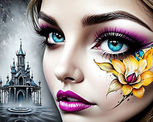 Close-Up of Woman's Face with Bold Makeup and Castle