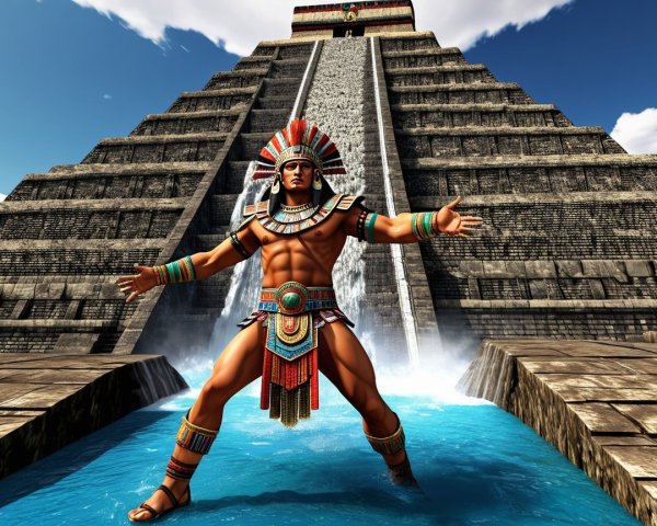 Aztec Figure Before Grand Pyramid with Cascading Water