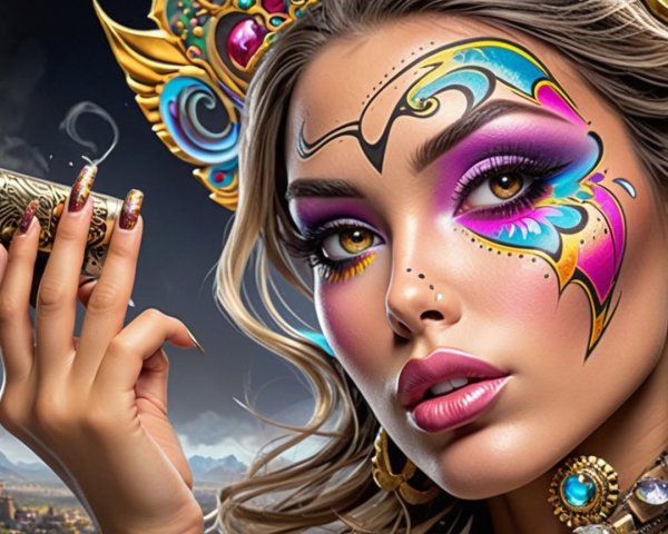 Portrait of a Woman with Butterfly Face Paint and Jewelry