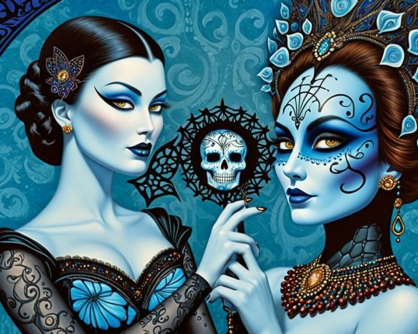 Elegantly Styled Women with Blue Skin and Masks