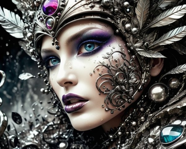 Elegantly Adorned Figure with Blue Eyes and Makeup