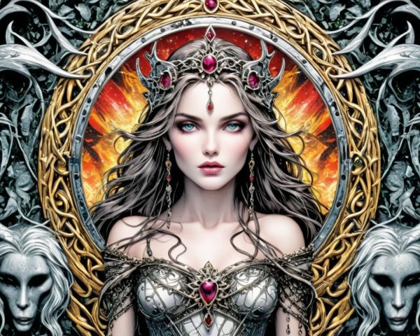 Mystical queen with silver hair and vine crown