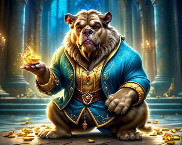 Regal Bulldog in Ornate Hall with Gold Coins