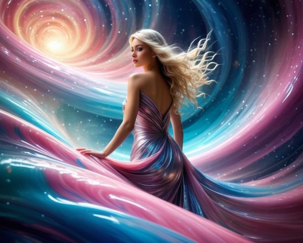 Woman in flowing gown against cosmic backdrop