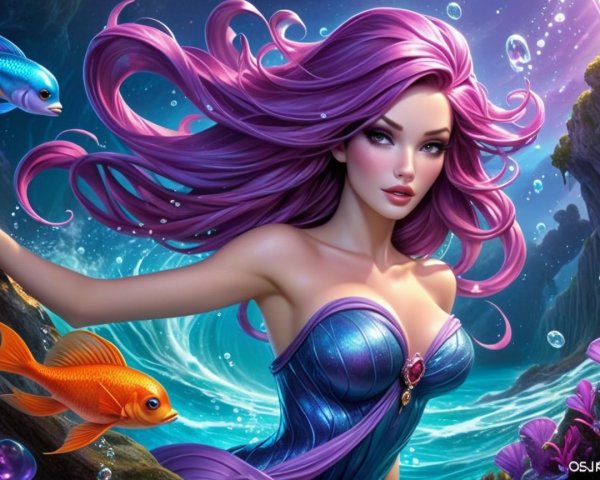 Fantastical Underwater Scene with a Mermaid and Fish