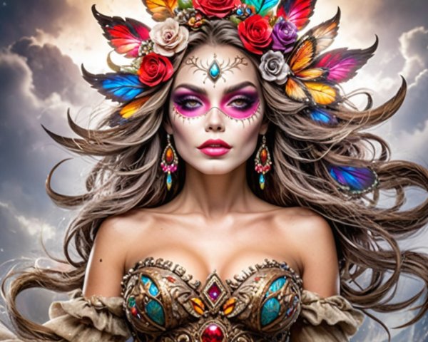 Colorful Makeup and Floral Crown with Butterflies