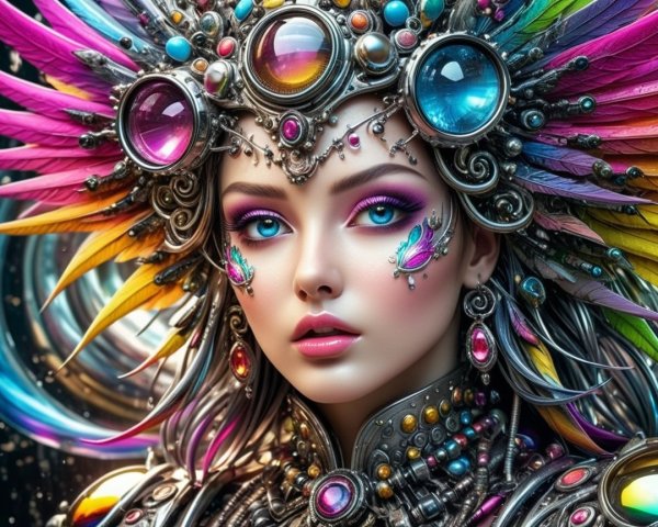 Beautiful woman with colorful feather headdress and jewelry