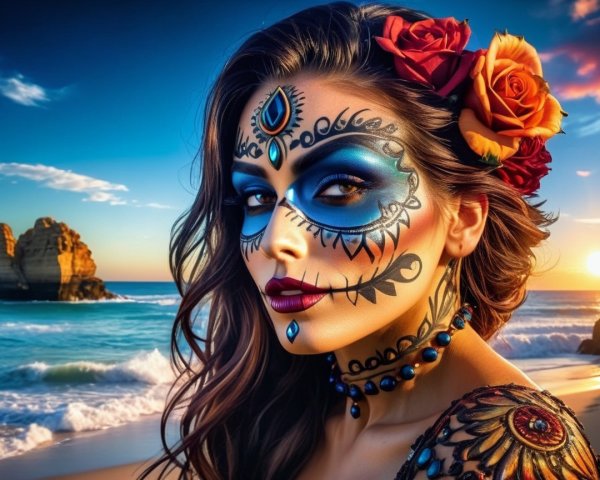 Woman at Beach with Sugar Skull Makeup at Sunset