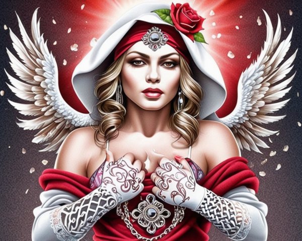 Woman with Angelic Wings in Red and White Outfit
