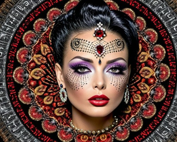 Woman with Bold Makeup and Intricate Gemstone Designs