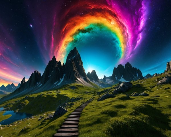 Vibrant Landscape with Mountains, Rainbow, and Lake