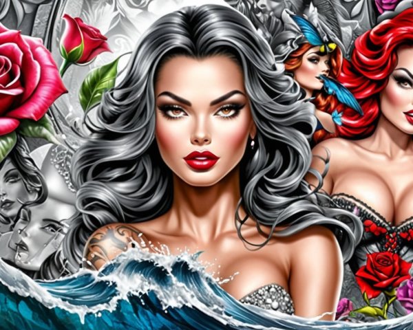 Vibrant Artwork of Glamorous Women with Intricate Designs