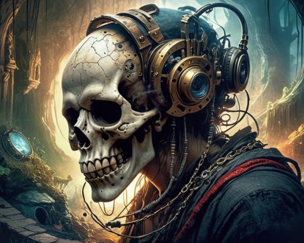 Surreal Figure of Cracked Skull with Golden Headphones
