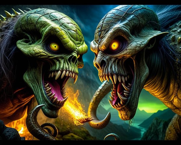 Monstrous Creatures in Dramatic Fiery Landscape