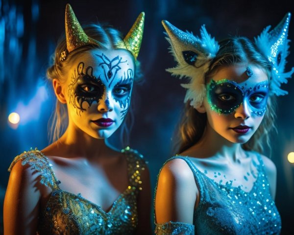 Elegant Women with Intricate Masks and Face Paint