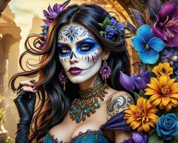 Día de los Muertos Makeup with Floral Accents and Gown