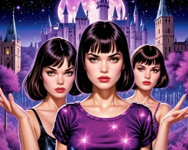 Three Identical Women in Vibrant Outfits Against Fantasy Scene