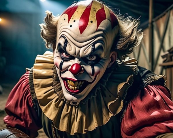 Menacing Clown with Exaggerated Features in Dark Setting