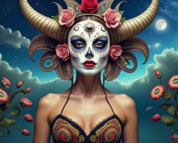 Intricate Face Paint and Headdress in Surreal Night Sky