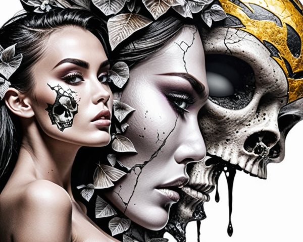 Woman's Face with Skull Art and Surreal Elements