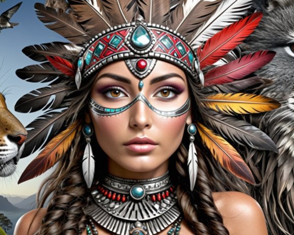 Woman in Feathered Headdress with Nature Background