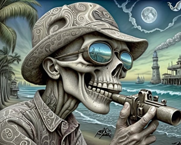 Whimsical Skeletal Figure at a Serene Beach Scene