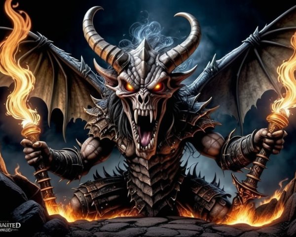 Armored Dragon in Smoky Volcanic Landscape