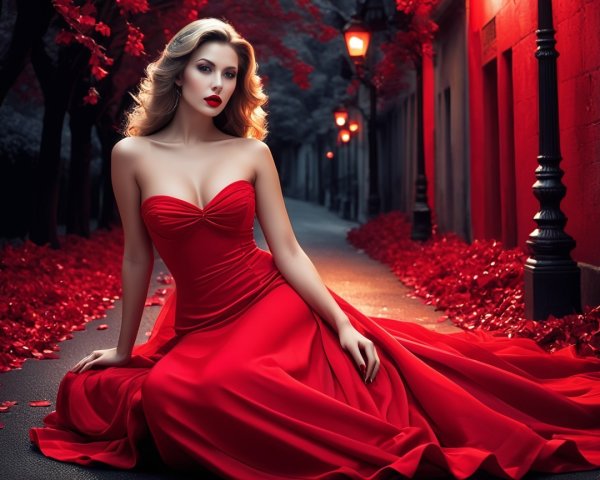 Elegant Woman in Red Gown Surrounded by Autumn Leaves