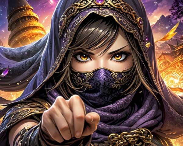 Hooded Figure with Amber Eyes in Enchanting Scene