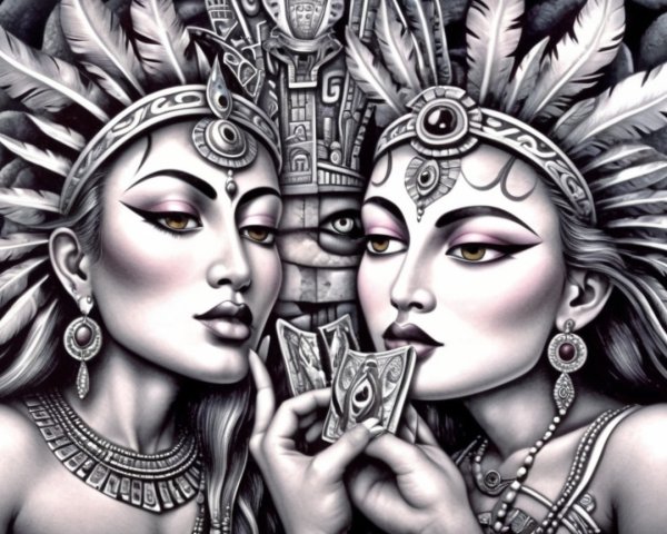 Elegant Women with Feathered Headdresses and Cards