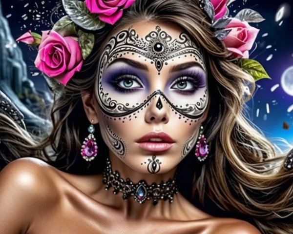 Vibrant Sugar Skull Makeup Portrait with Floral Crown