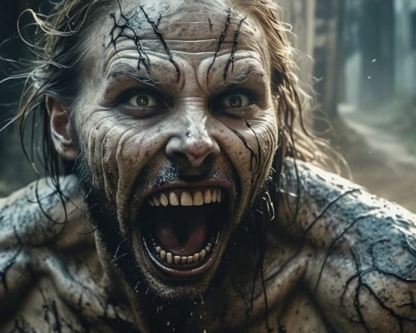 Fierce Bearded Man with Dramatic Face Paint in Darkness
