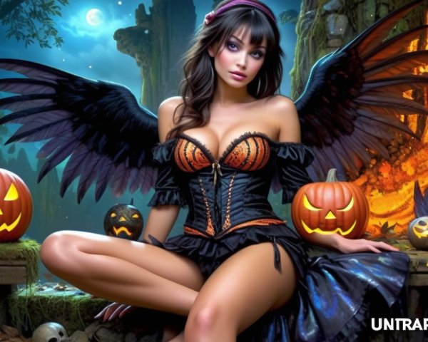 Witch with Feathered Wings in Moonlit Forest Setting