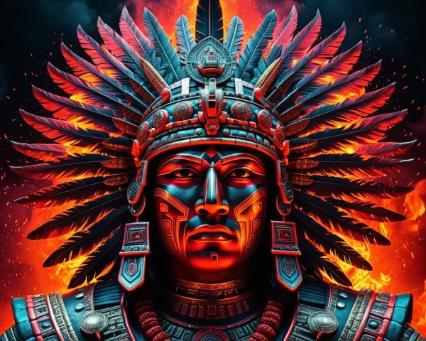 Elaborate Headdress and Fiery Background in Artwork