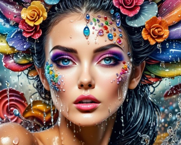 Portrait of a woman with vibrant makeup and decorations
