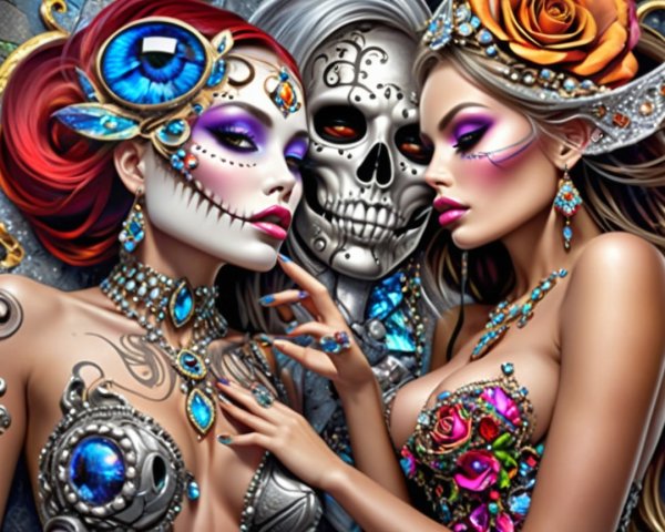 Elegant Women and Skeletal Figure in Mystical Setting