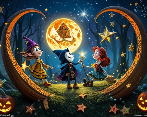 Whimsical Forest Scene with Magical Characters and Moon