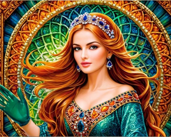 Regal Woman in Teal Gown with Stained Glass Background
