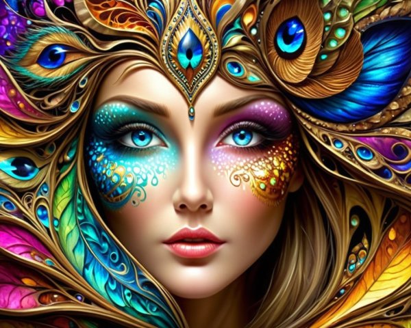 Portrait of a woman with vibrant face paint and blue eyes