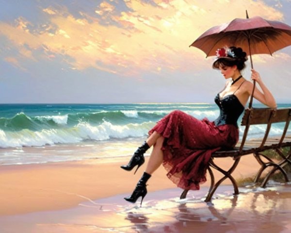Woman in vintage attire on a beach bench at sunset