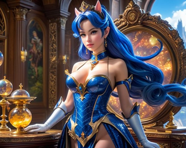Character with Blue Hair in Ornate Room Setting