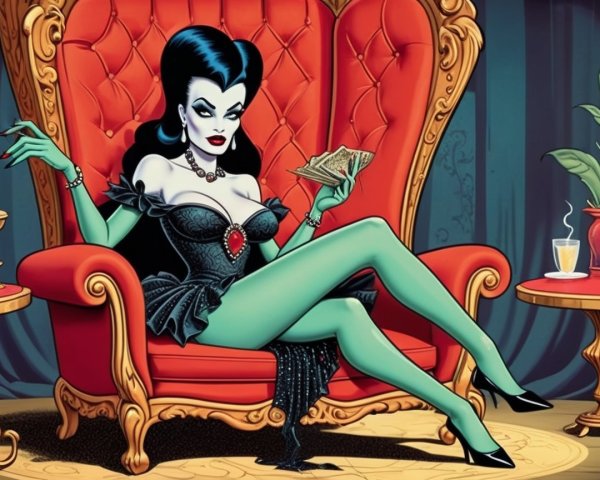 Glamorous Figure in Red Armchair with Playing Cards