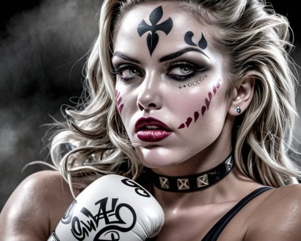 Fierce Female Fighter with Bold Makeup and Boxing Gloves