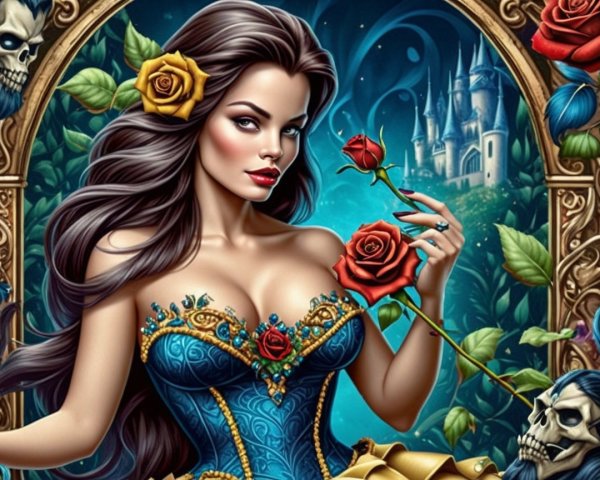 Fantasy Scene with Woman in Gown and Mystical Landscape
